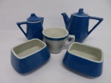 Five pieces of Amtrak Railroad China, blue, Hall and Mayer