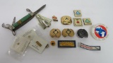 Vintage Boy Scout and Girl Scout memorabillia, pins, knife, slides