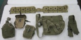 Military lot with ammo belt, canteen knapsack and ammo cases