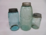 Three Mason Jars, pint-quart and 1/2 gallon, aqua