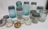9 Assorted canning jar lot, clear and blue