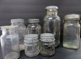 Seven vintage clear canning jars, 1/2 gallon, quart and 1/2 pint