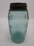 1858 The Marion Jar, whittled, 1858, aqua, quart
