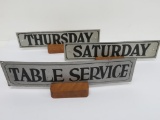 Three Day of the week and Table Service metal signs and wooden holders, 14