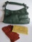 Nordstrom green leather purse, leather gloves and Prince Gardner yellow leather wallet