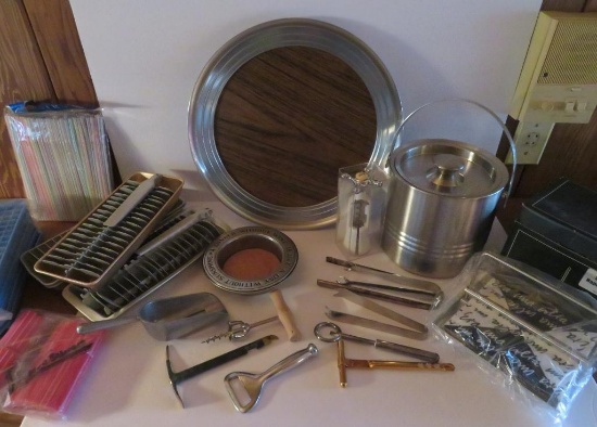 Vintage bar lot, trays, ice bucket and utensils