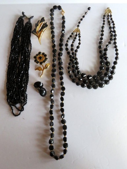 Black beaded necklaces, earrings and pin lot