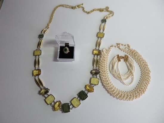 Chico Jewelry lot, pearl beaded and colored plastic, cocktail ring