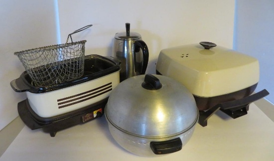 Kitchen appliances, fryer, skillet, and coffee pot