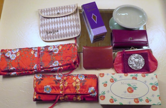 Vanity lot with soaps, perfume, travel bags