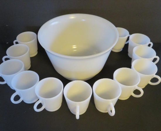 Punch Bowl and 12 mugs, milk glass