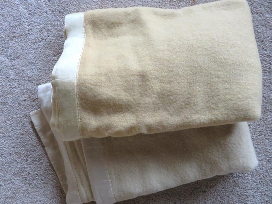 Two vintage satin trim wool blankets, one marked Kenwood
