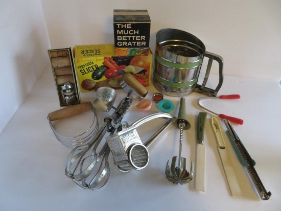 Vintage kitchen utensils, beaters, sifters ..