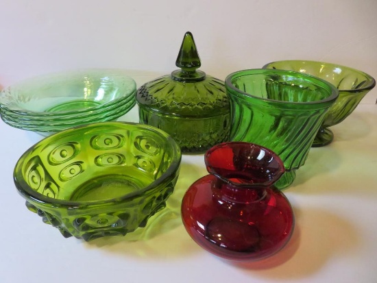 Assorted green glass bowls and covered dish