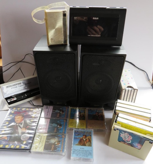 Vintage transistor radio, cassette tapes, CD, clock radio and Zenith 10" speakers