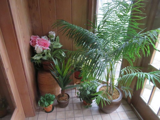 Large lot of artificial plants with plant riser