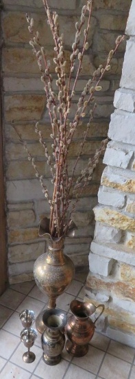 Brass vase lot with pussy willow boughs