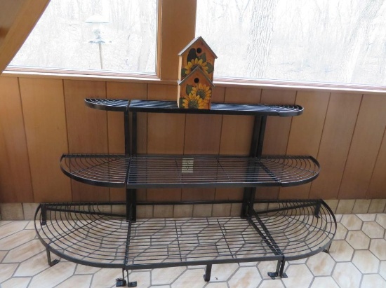 Three part plant shelf with painted sunflower bird house