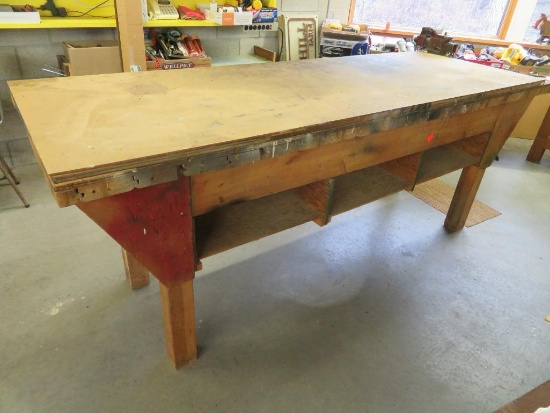 Wood tool bench, 8' x 31", with vise