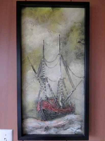 Mid Century Modern Art, sailing ship, artist signed original