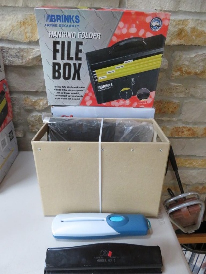 Office lot, metal new file boxes, hole punch and hand held shredder