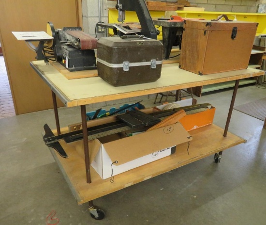 5' Wooden Rolling work bench, two tier, contents not included