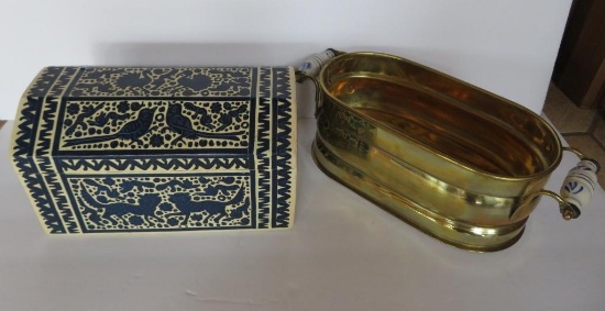 Wooden box and Holland brass planter