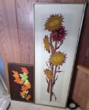 Vintage crewel work art, framed, leaves and flower