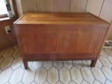 Danish Modern lift top chest, metal tag