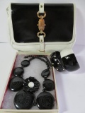 Etra patent leather purse and black and white jewelry