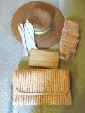 Summer lot with straw hat, gloves and straw purse