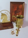 Five brass and copper horse items, tankard, bookmarks, and plaque