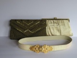 Two gold tone and beaded evening bags and belt