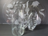 Two etched cake plates, pitcher and vase