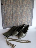Vintage metal belt, shoes, designer scarf and leather gloves