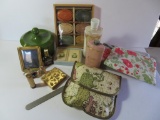Vanity lot, soaps, vintage lotion and talc tin, make up cases