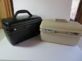 Two vintage travel cases, train cases, black and ivory