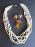 Six strand beaded necklace, Monet gold tone pin and earrings