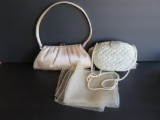 Two satin evening bags and sheer scarf