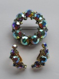 Lovely aurora borealis rhinestone pin and earring set