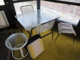 Glass top patio table with two chairs and side seat