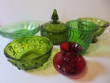 Assorted green glass bowls and covered dish