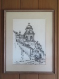 Max Fernekes crayon drawing, Tower at Patzquaro, framed, c 1966