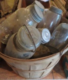 Vintage Canning Jar lot in bushel basket, quarts and 1/2 gallon jars