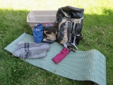 Camping lot, frame pack, thermarest, blanket and raincoat