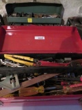 Two metal tool boxes with assorted hand tools