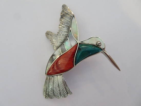 Hummingbird inlay pendant or pin, 2 1/2", designer Cesar Palma, 950