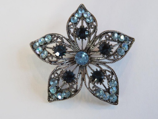 Blue rhinestone flower shape pin, 2 1/4"