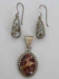Signed earrings and pendant, sterling 925, stone inset