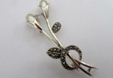 Lovely 925 pin with pearl beads and marcasite, floral, 2 3/4